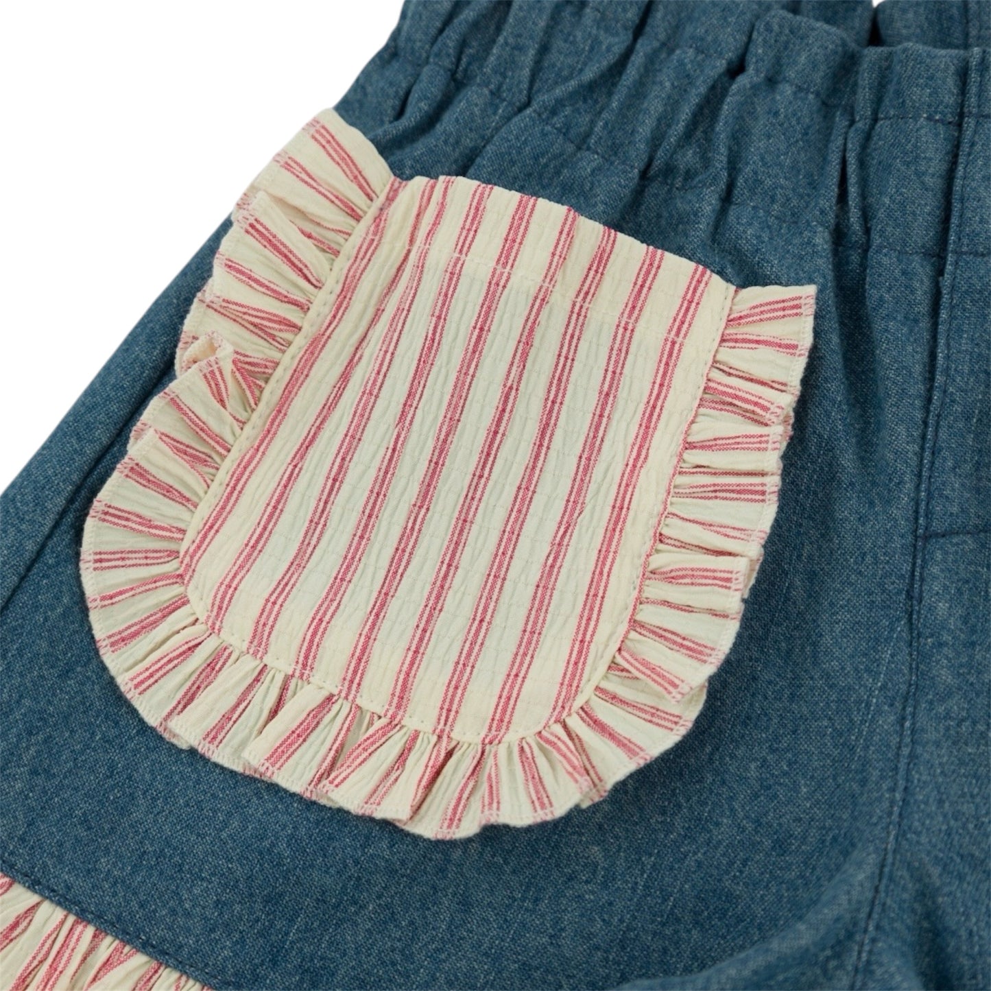 Libby Ruffle Short - Blush Stripe - Denim Medium Wash