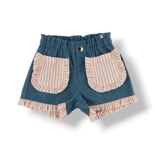 Libby Ruffle Short - Blush Stripe - Denim Medium Wash