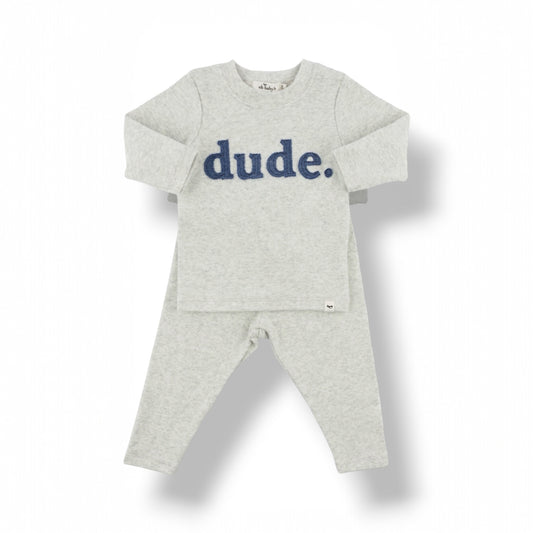 Long Sleeve Two Piece Set - Denim "dude" Applique - Heather Gray