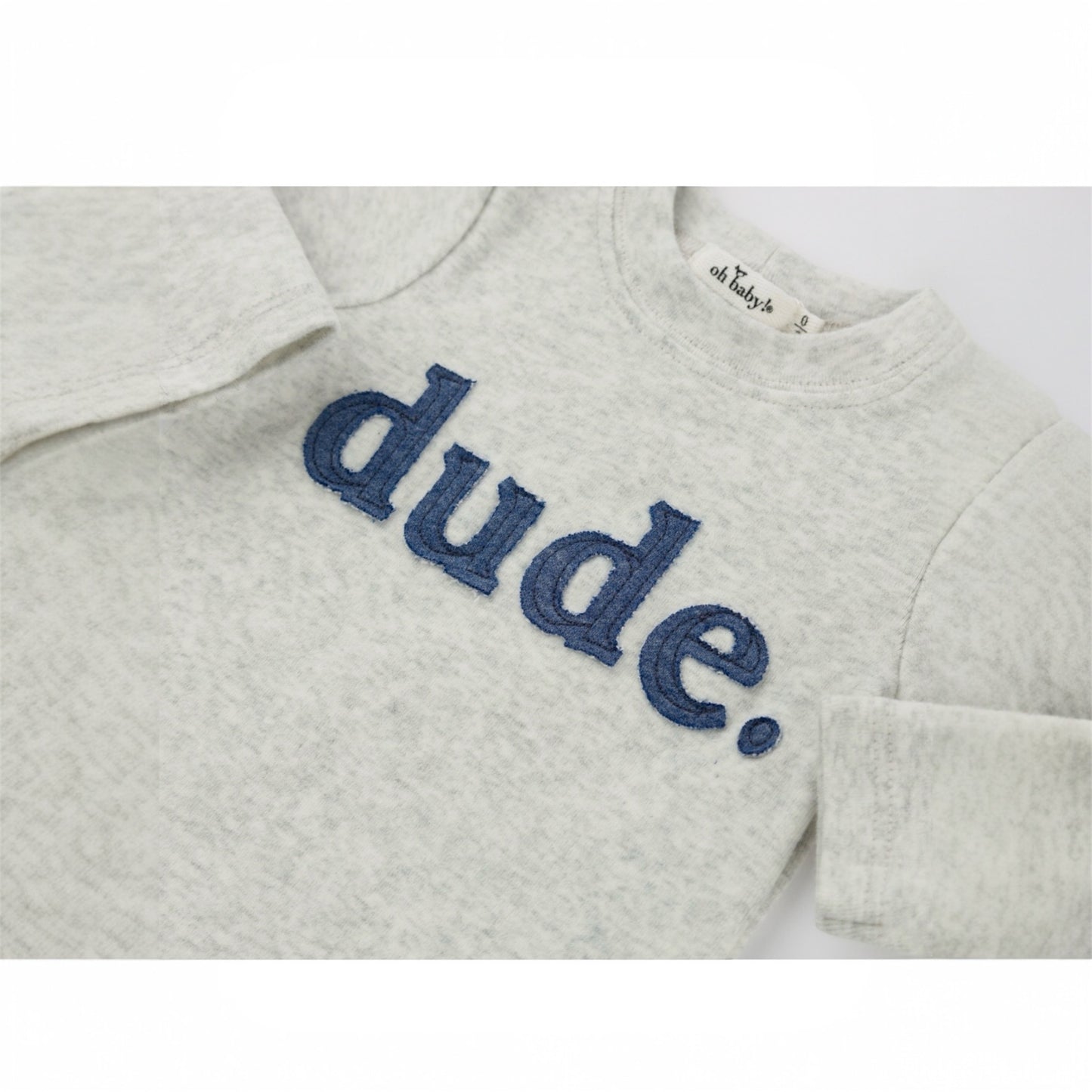 Long Sleeve Two Piece Set - Denim "dude" Applique - Heather Gray