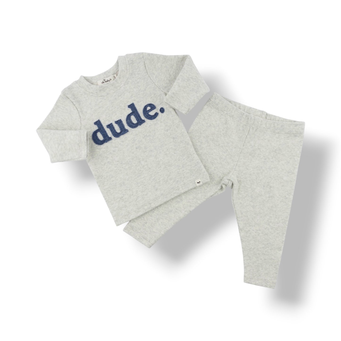 Long Sleeve Two Piece Set - Denim "dude" Applique - Heather Gray